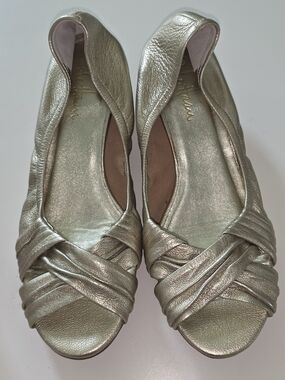 Cole Haan Metallic Gold Peep-Toe Flats with Twisted Front